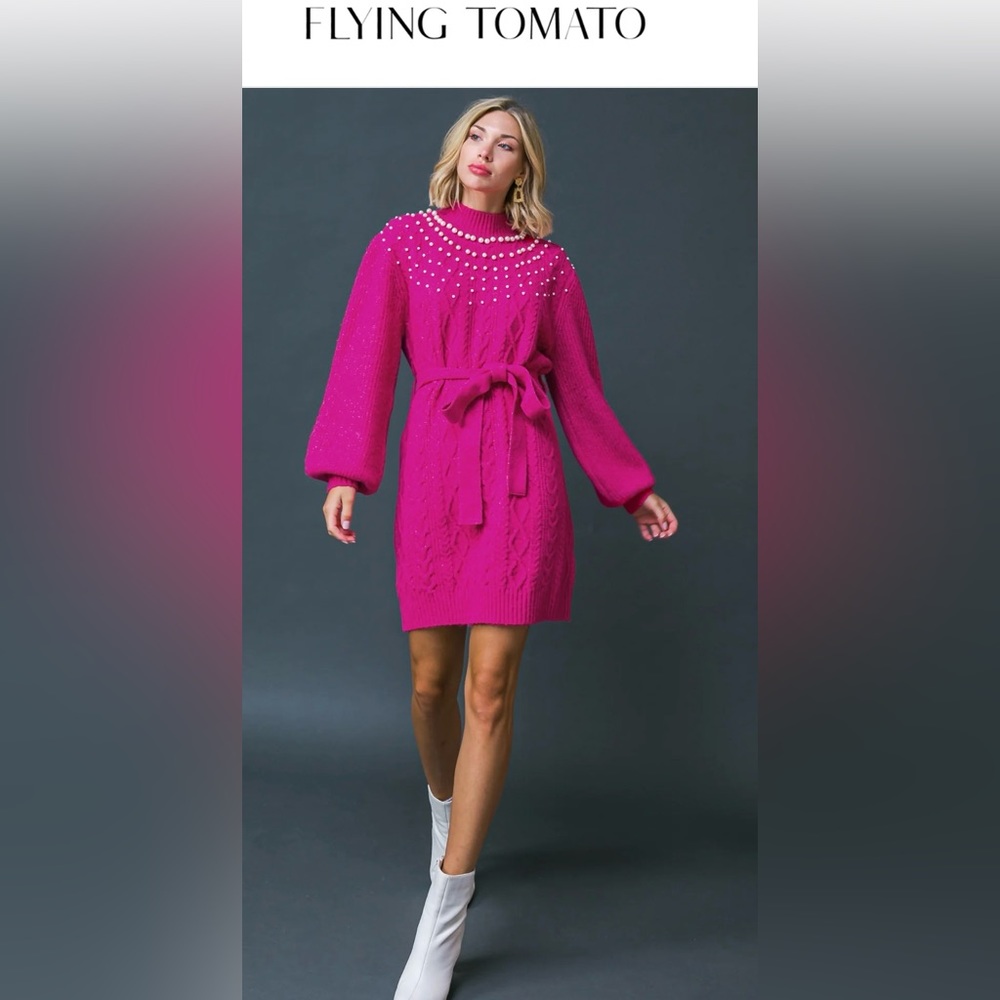 NWOT #179 - FLYING TOMATO BRING THE VIBES SWEATER MINI FUCHSIA DRESS S-Small - Picture 3 of 10